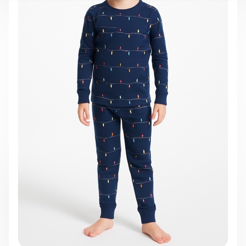 J Crew Crewcuts Navy Blue Kids Holiday Pajama Set Christmas Lights Size 10 BC922